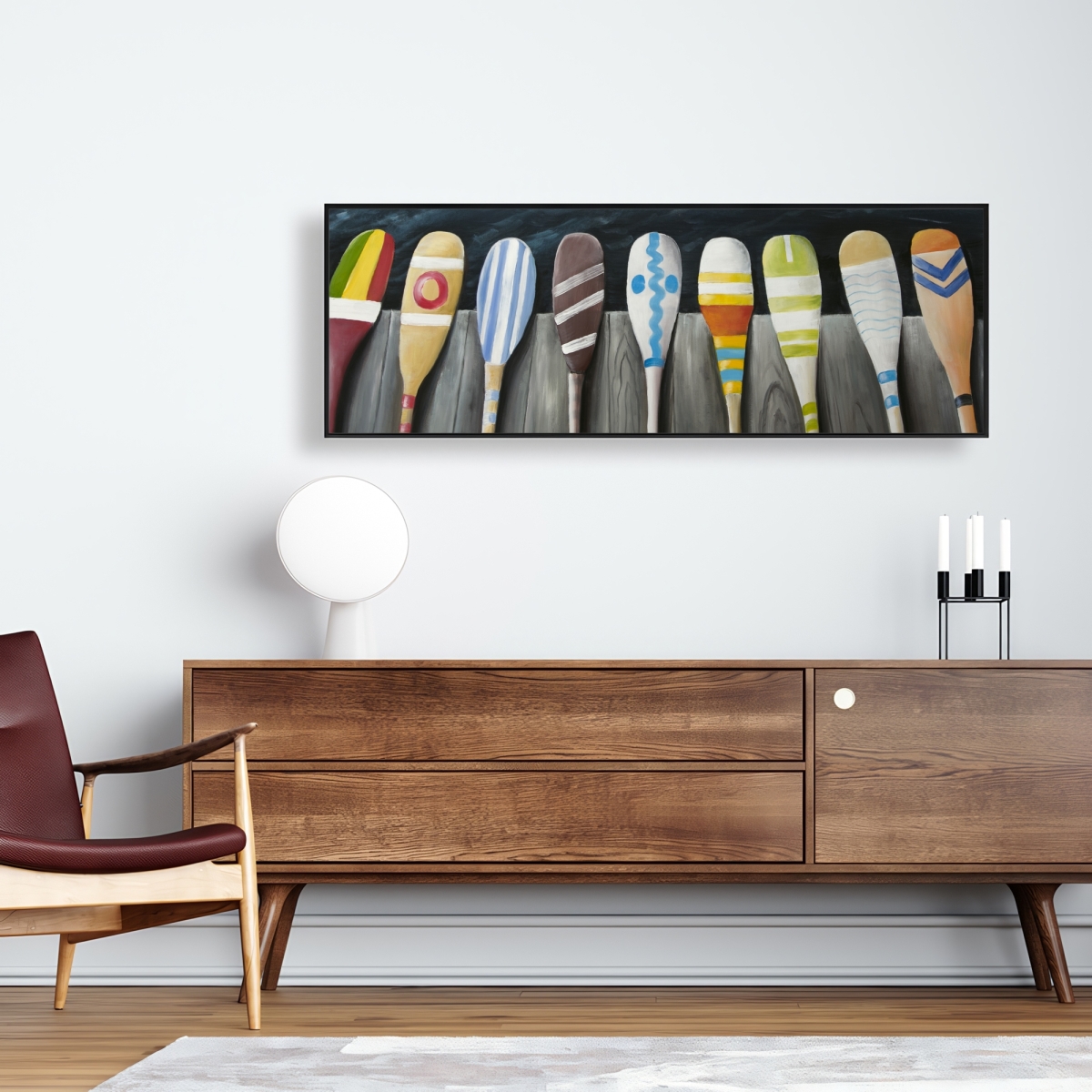 C1FC1648LN4501 16 x 48 in. Colorful Paddles on the Dock - Man Cave Framed Canvas Decor