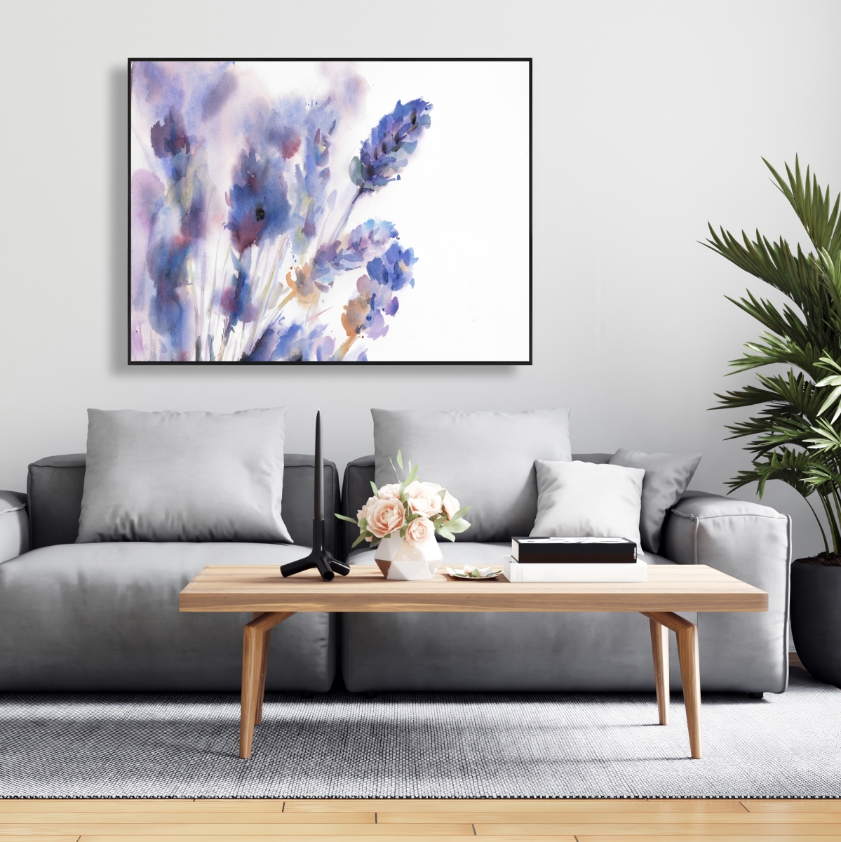 C1FC3648HYFK3N 36 x 48 in. Watercolor Lavender Flowers with Blur Effect - Framed Canvas Decor