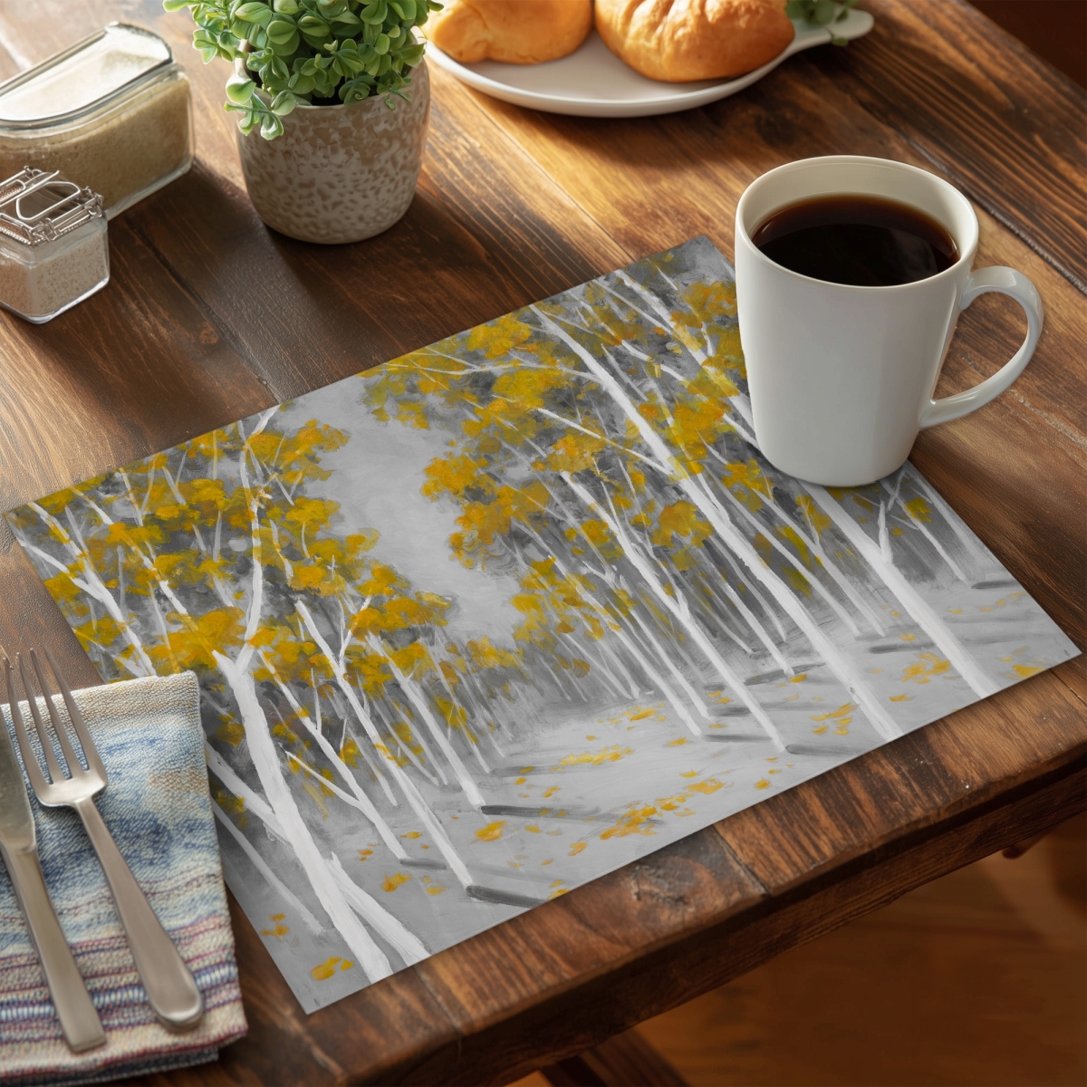 Picture of Begin Home Decor C6PP1418VU8BB2 14 x 18 in. Yellow Birch Forest Polyester Placemat - Home Decor Accent - Set of 6