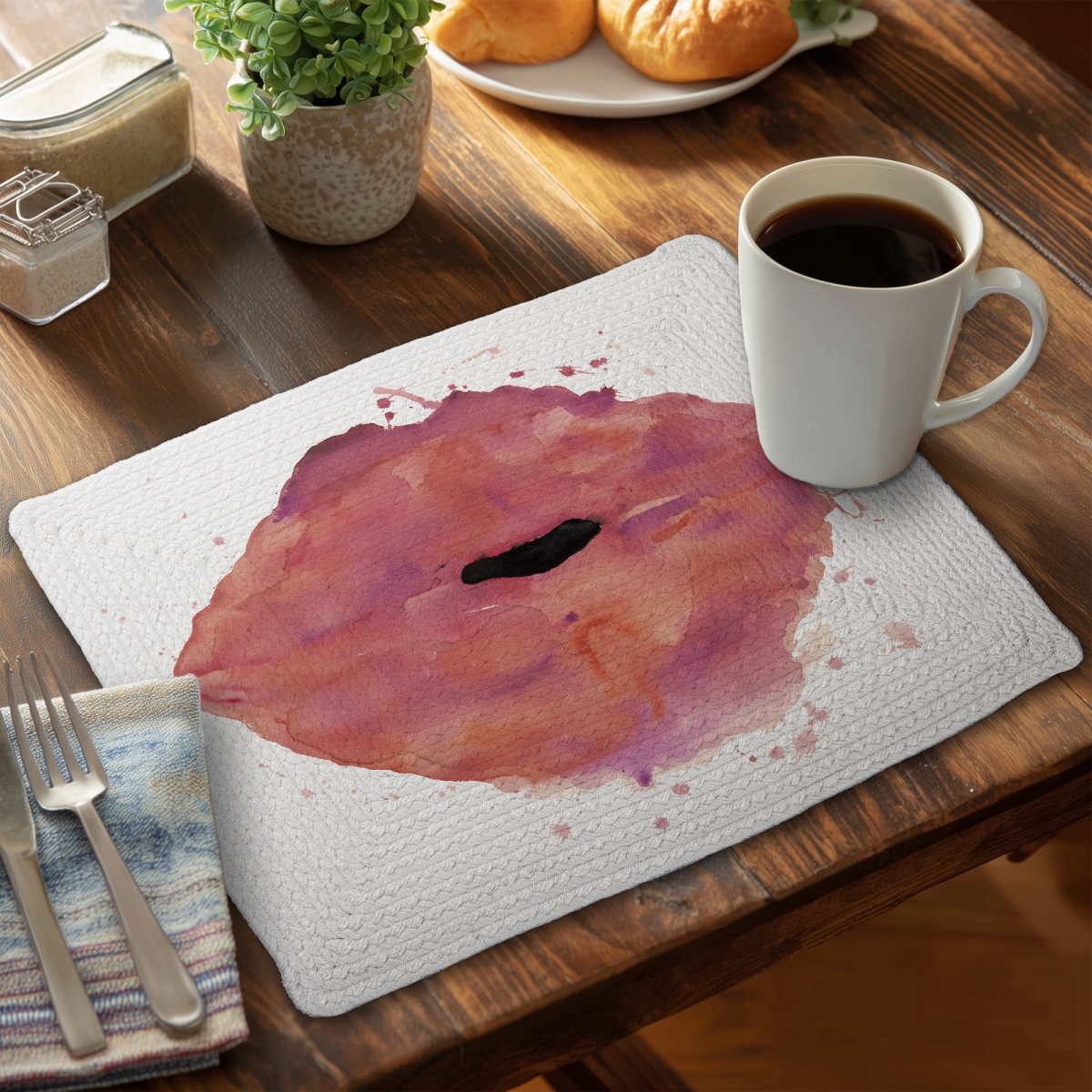 Picture of Begin Home Decor C4BP1418JYIZ26 14 x 18 in. Watercolor Pink Lipstick Braided Polyester Placemat - Home Decor - Set of 4