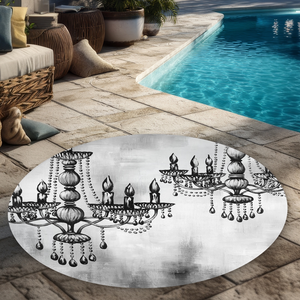 C1COAR55H6O6MQ 5 x 5 ft. Two Crystal Chandeliers - Still Life Gray Round Outdoor Rug