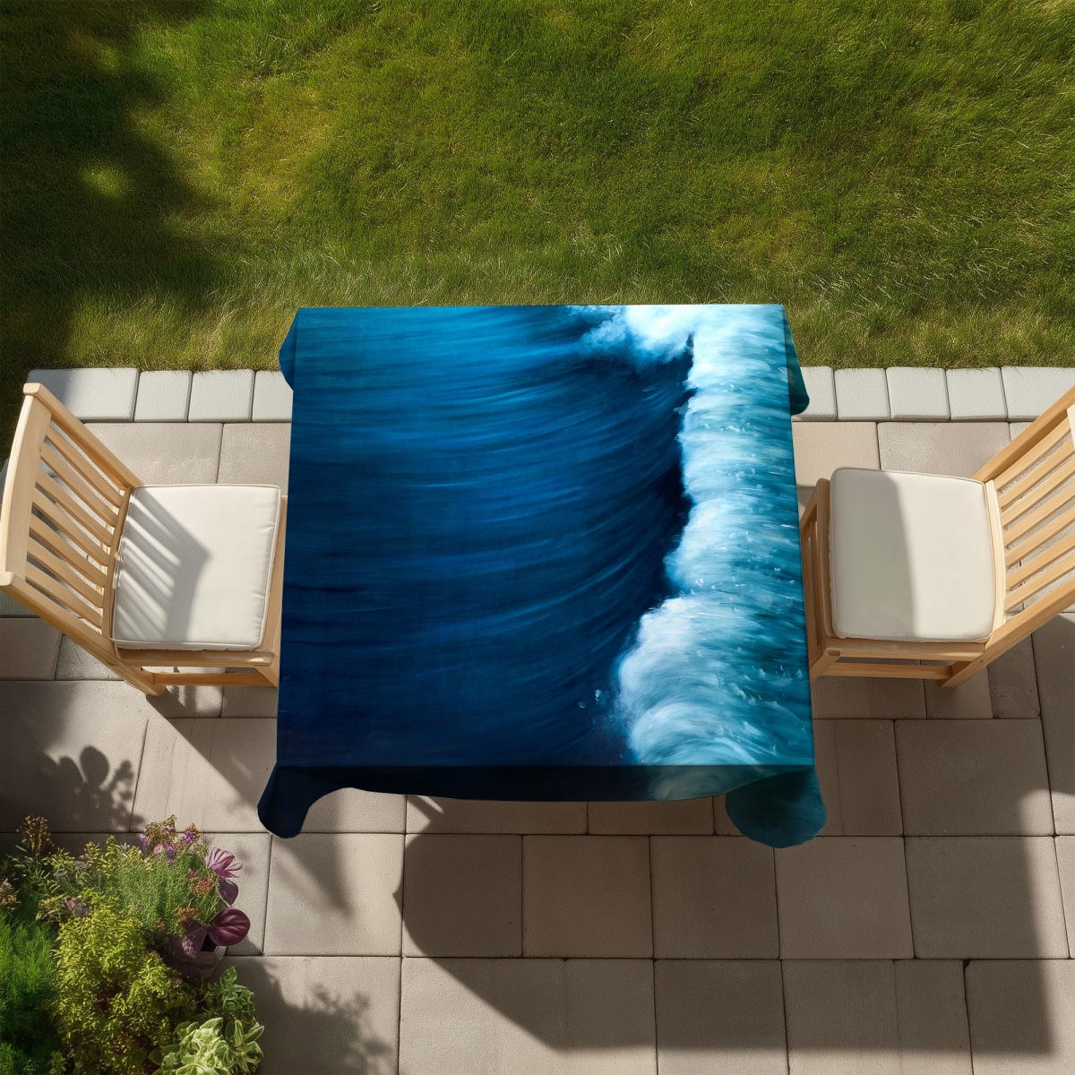 Picture of Begin Home Decor C1TC5858RS8PQE 58 x 58 in. Wave Coastal Marine Tablecloth for Indoor Outdoor Decor