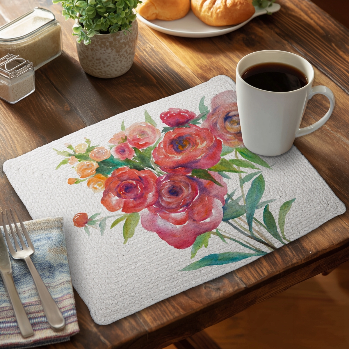 Picture of Begin Home Decor C4BP14188BKAMG 14 x 18 in. Watercolor Bouquet of Flowers Braided Polyester Placemat - Home Decor - Set of 4