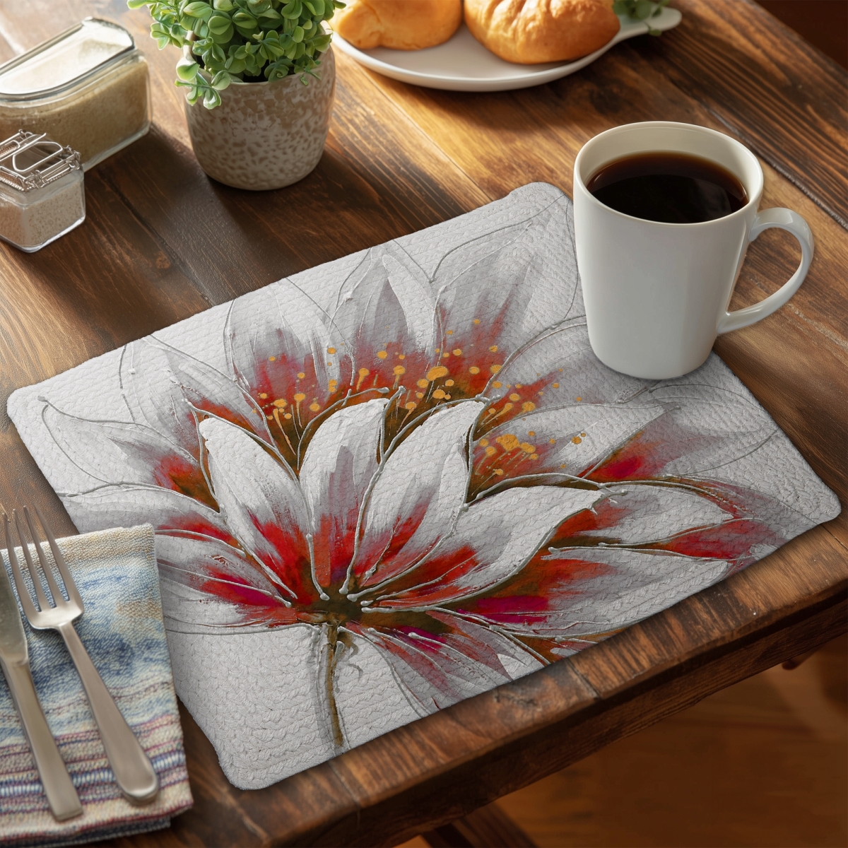 Picture of Begin Home Decor C4BP1418JFK07P 14 x 18 in. Red Flower with Gold Center - Braided Polyester Placemat - Set of 4