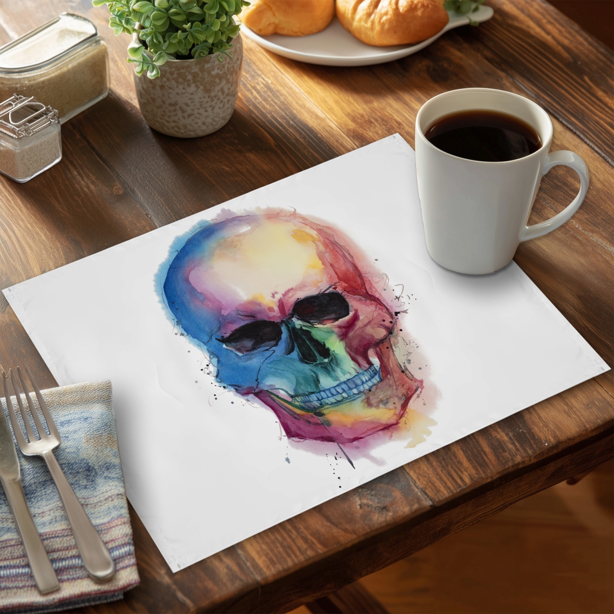 Picture of Begin Home Decor C4PP1418LGQDWD 14 x 18 in. Watercolor Colorful Skull Polyester Placemat - Home Decor - Set of 4