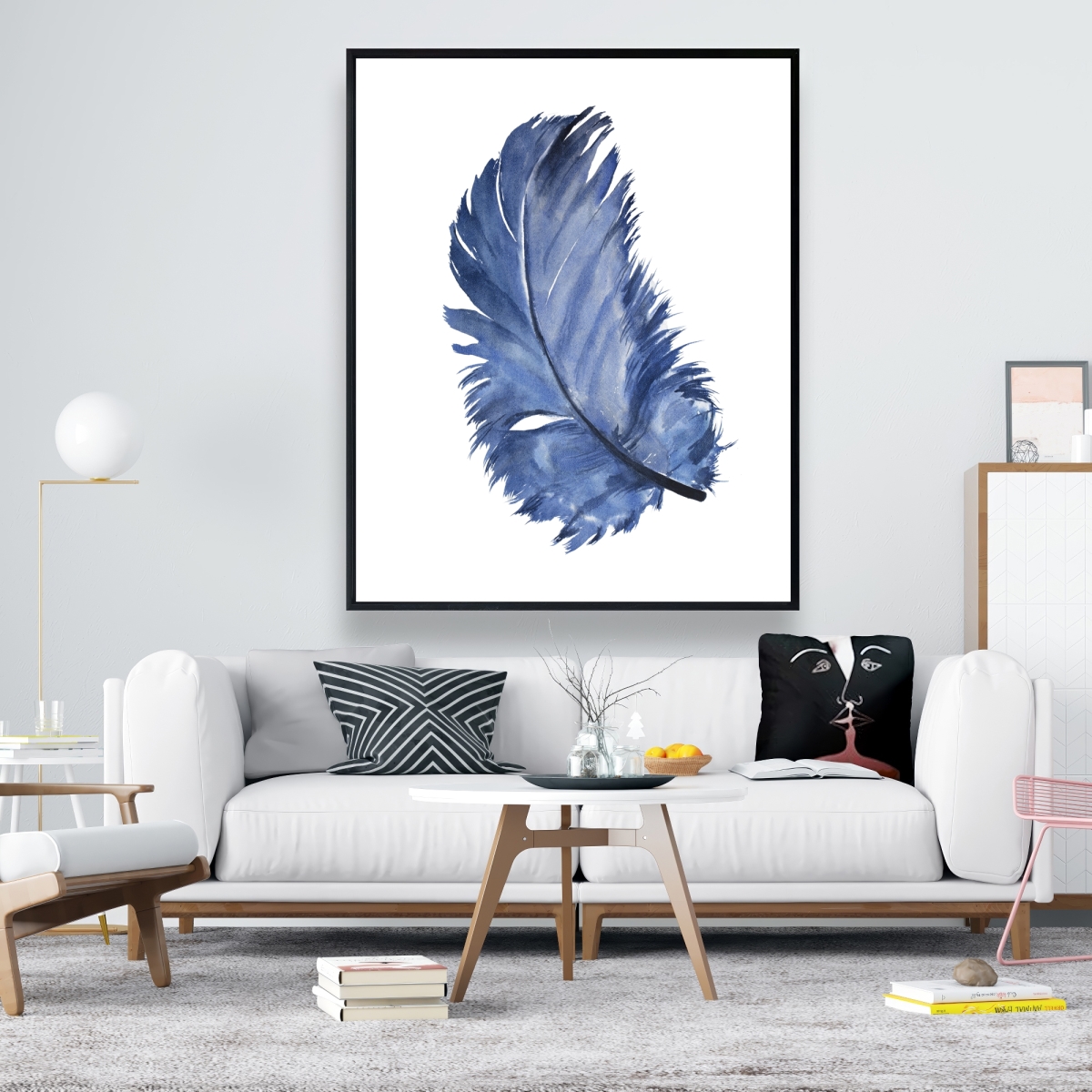 C1FC4860O8C9NA 48 x 60 in. Watercolor Blue Feather - Framed Canvas for Home Decor