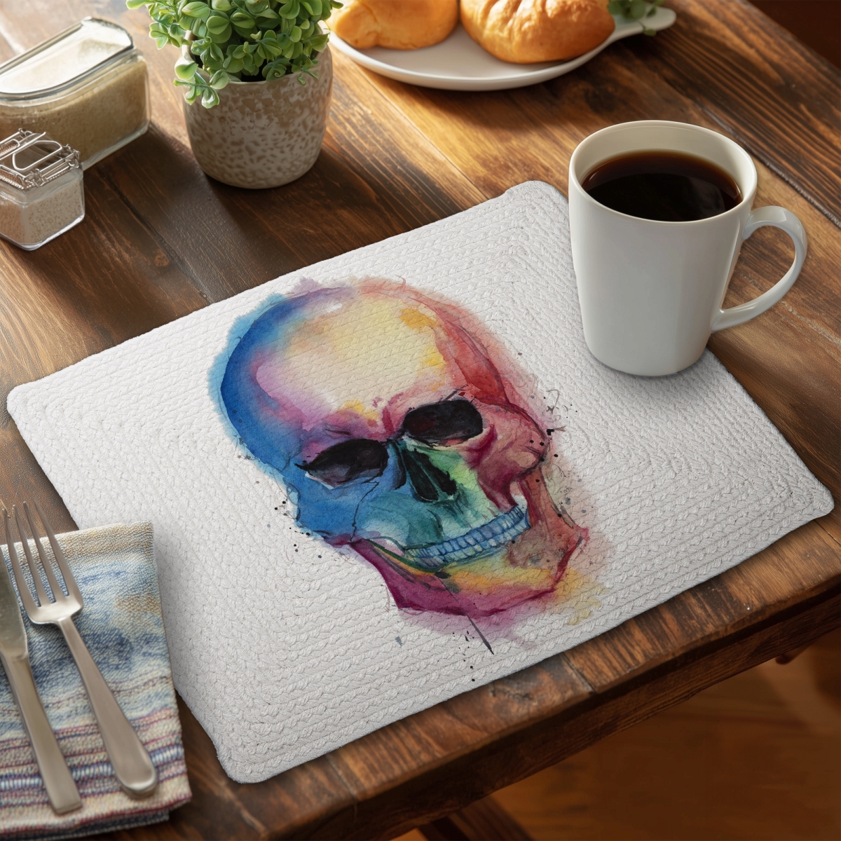 Picture of Begin Home Decor C4BP1418L4PMTP 14 x 18 in. Watercolor Colorful Skull Braided Polyester Placemat - Home Decor - Set of 4