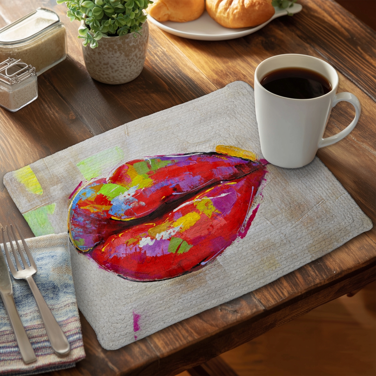 Picture of Begin Home Decor C6BP1418A81M2Q 14 x 18 in. Colorful Lips Braided Polyester Placemats for Home Decor - Set of 6