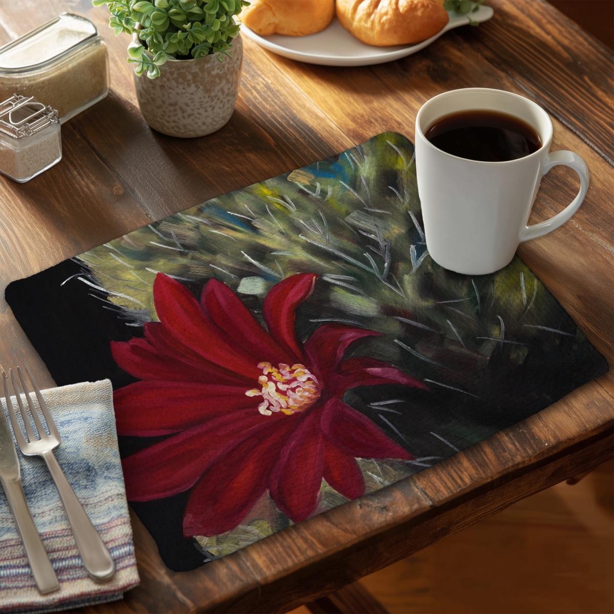 Picture of Begin Home Decor C6BP141851KTHJ 14 x 18 in. Echinopsis Red Cactus Flower Braided Polyester Placemat - Decor - Set of 6