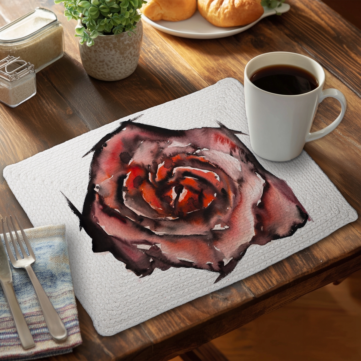 Picture of Begin Home Decor C6BP1418E1JGZR 14 x 18 in. Watercolor Rose Braided Polyester Placemat - Home Decor - Set of 6