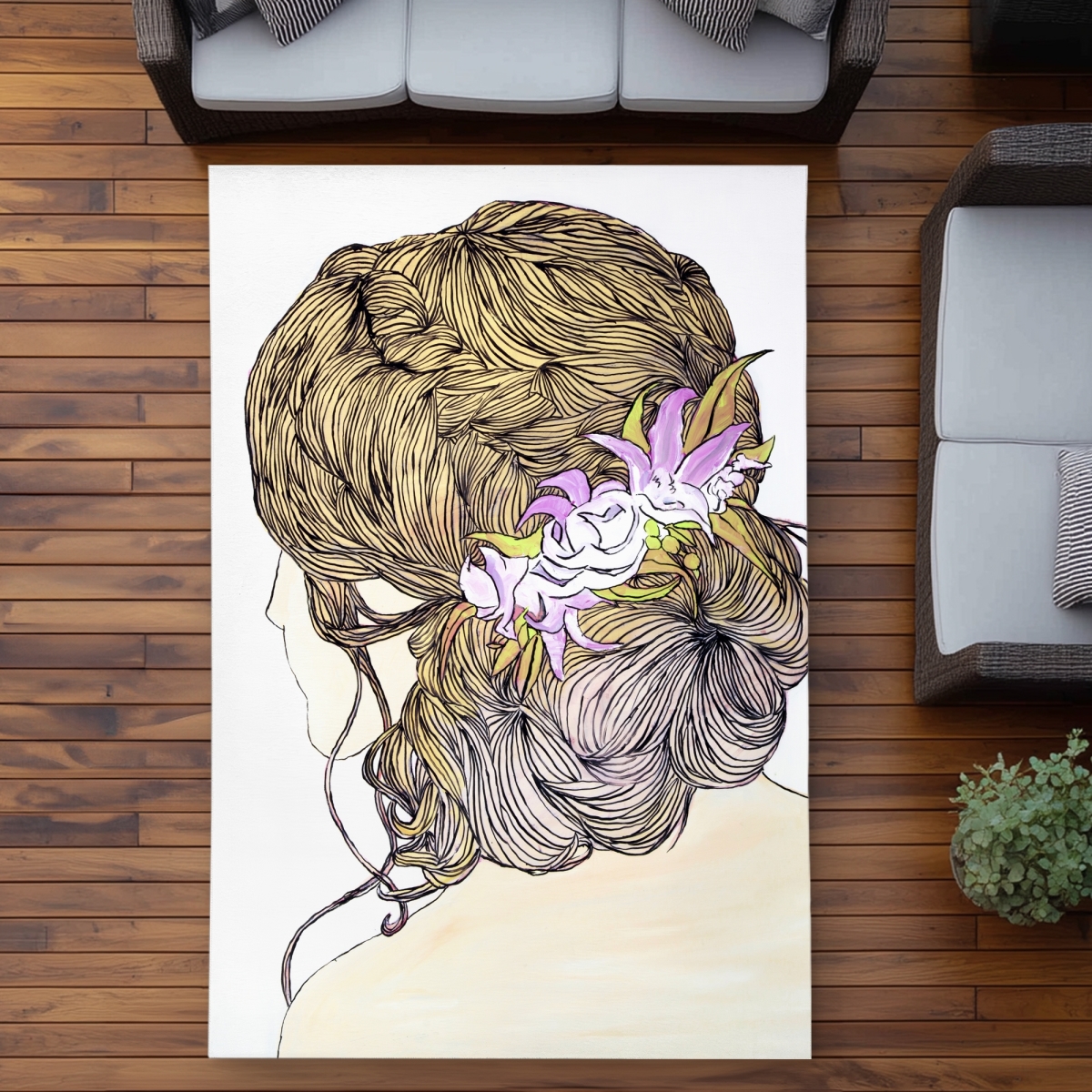 C1ROAR57HFUHTN 5 x 7 ft. Blond Woman with Flowers - Beige Outdoor Area Rug for Home Decor - Rectangle