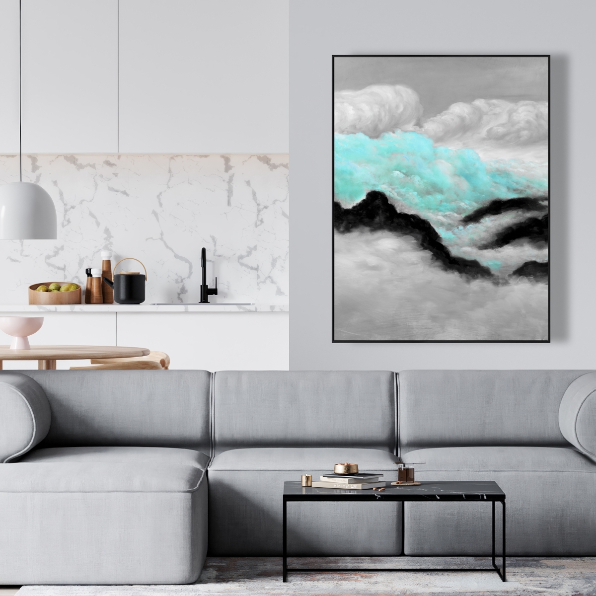 C1FC3648ZWZ9AD 36 x 48 in. Gray & Blue Clouds - Bathroom White Framed Canvas Decor