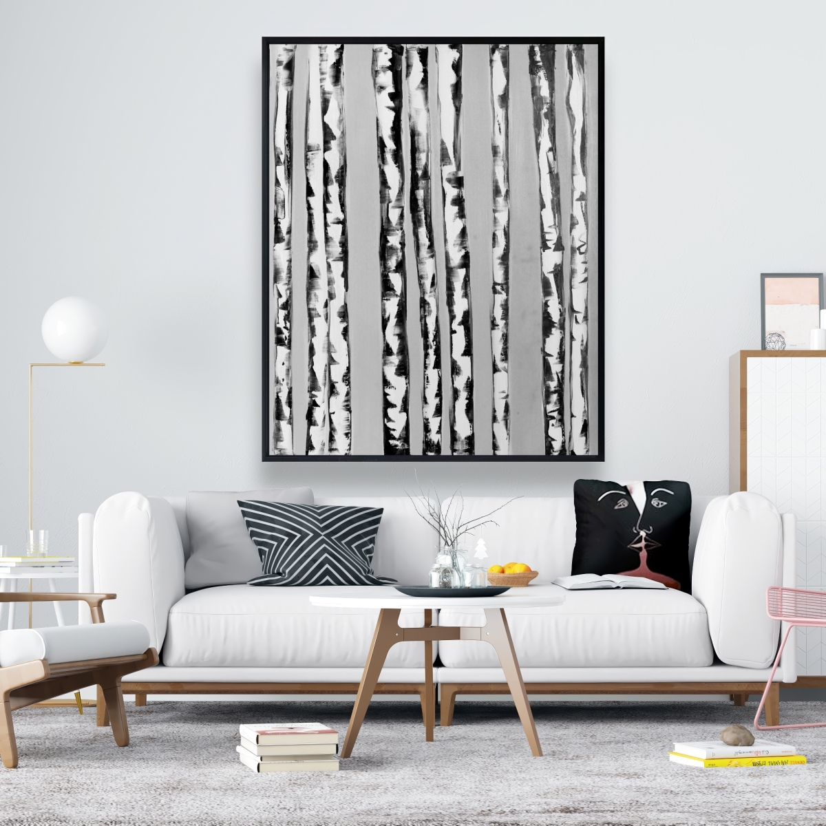 C1FC486096SFIN 48 x 60 in. Birches Black & White - Framed Canvas Trees Landscapes Decor
