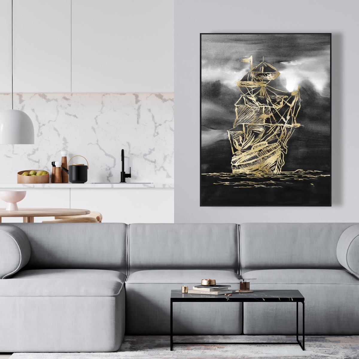 C1FC3648HL3BV4 36 x 48 in. Sailing Little Ship Illustration Gold - Framed Canvas Decor