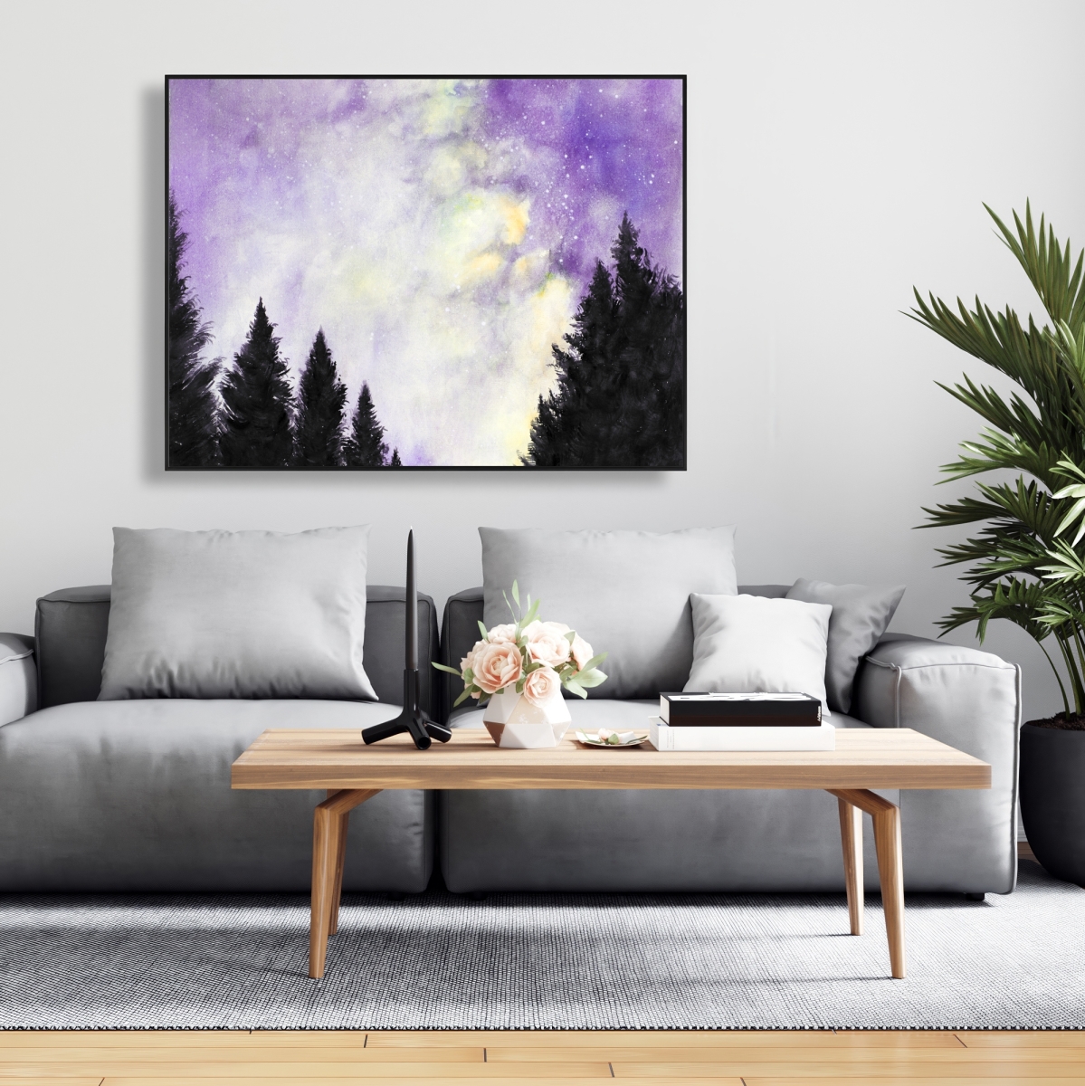 C1FC3648C7S3LS 36 x 48 in. Purple Starry Sky - Trees Illustrative Framed Canvas Decor