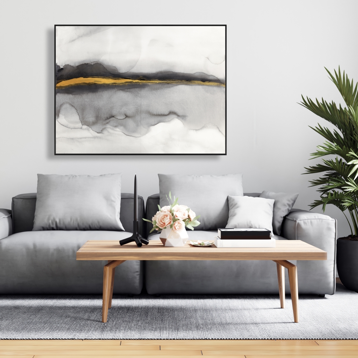 C1FC3648NOSVCU 36 x 48 in. Gold Stripe Abstract - White Illustrative Framed Canvas Decor