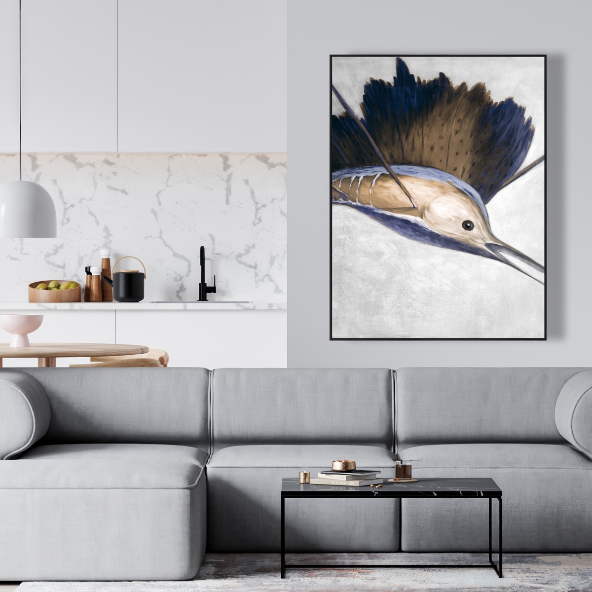 C1FC36481LC51M 36 x 48 in. Abstract Swordfish - Blue Framed Canvas for Home Decor