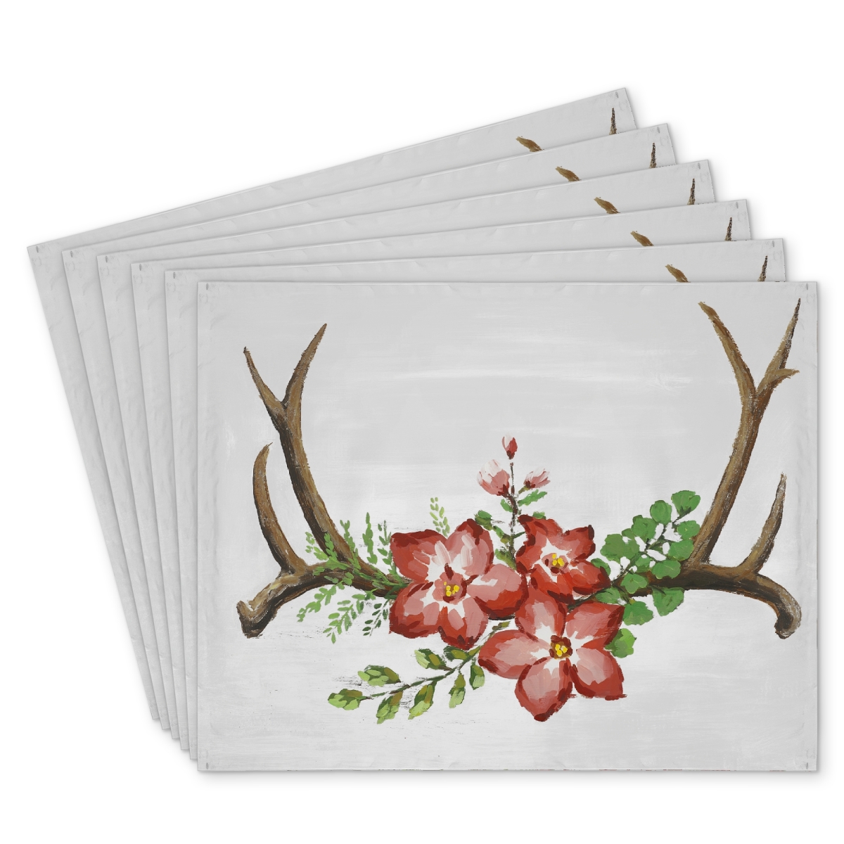 Picture of Begin Home Decor C6PP1418O7P378 14 x 18 in. Deer Horns & Pink Flowers Polyester Placemat for Home Decor - Set of 6