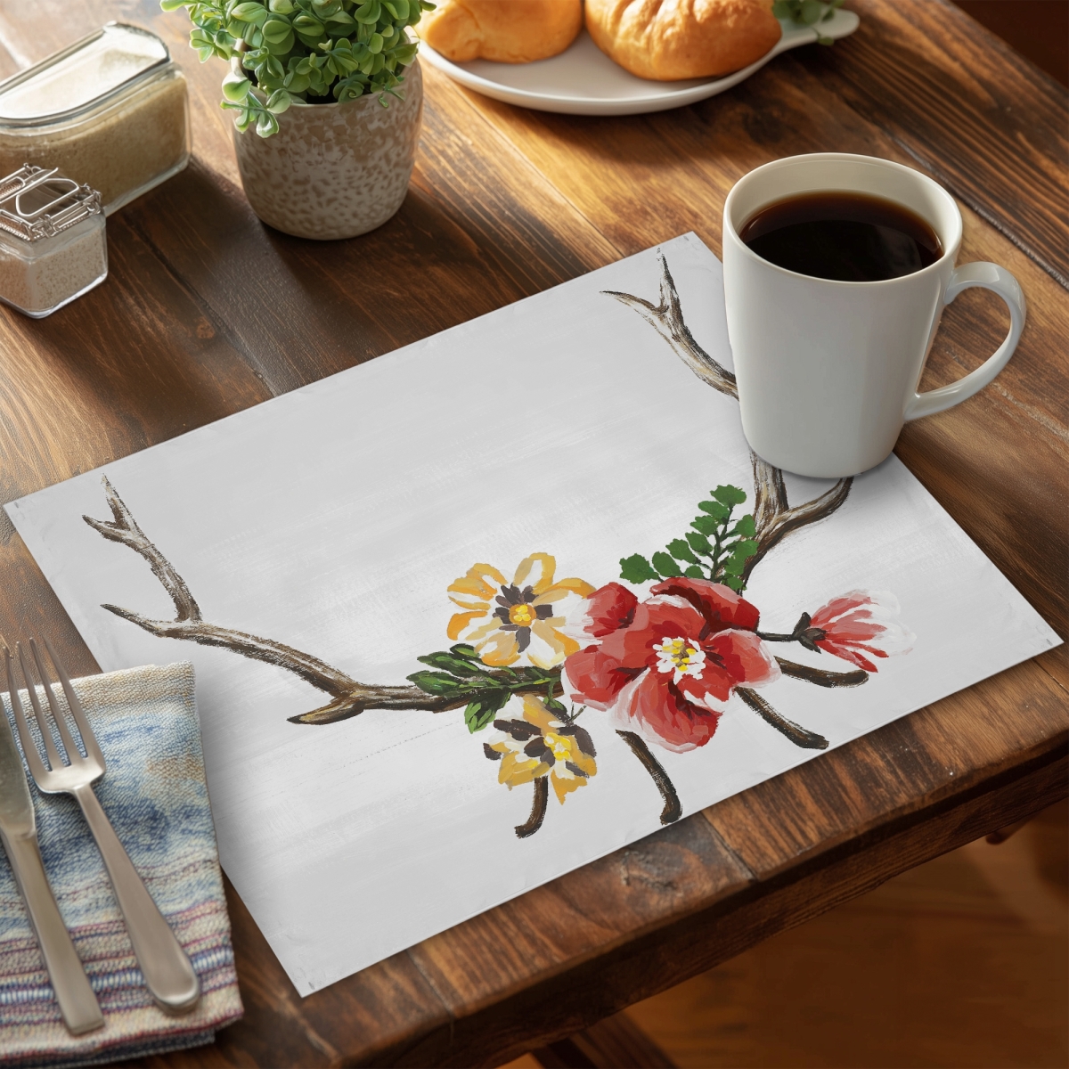 Picture of Begin Home Decor C6PP1418TUAHV2 14 x 18 in. Deer Horns with Flowers Polyester Placemat - Home Decor - Set of 6
