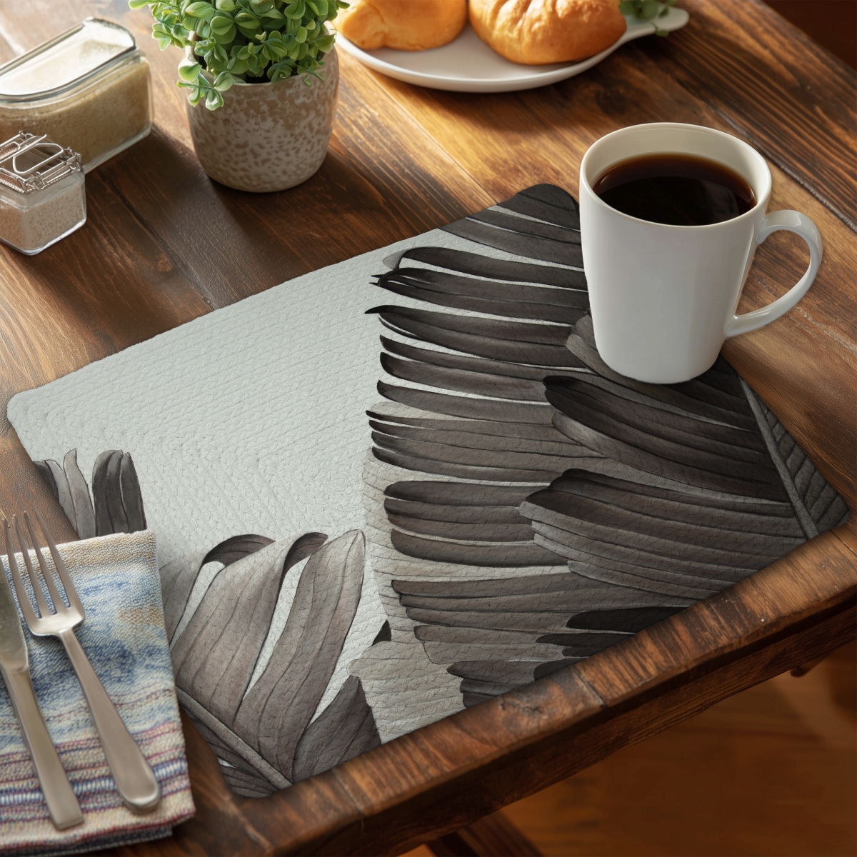 Picture of Begin Home Decor C6BP1418AHZ96U 14 x 18 in. Grayscale Tropical Leaves Braided Polyester Placemat - Home Decor - Set of 6