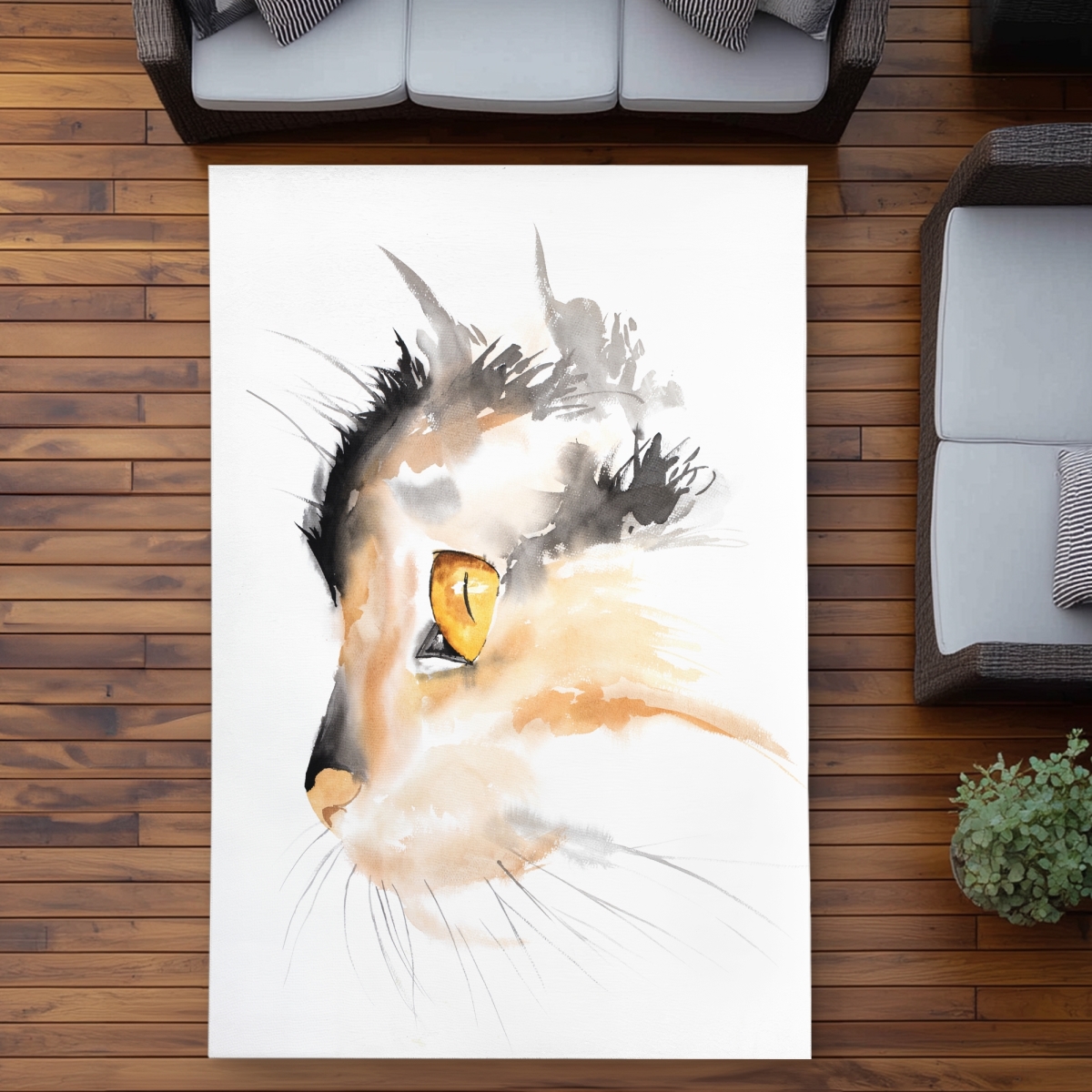 C1ROAR57CV5H8P 5 x 7 ft. Watercolor Cat Face Profile Rug - Scandinavian Outdoor Decor - Rectangle