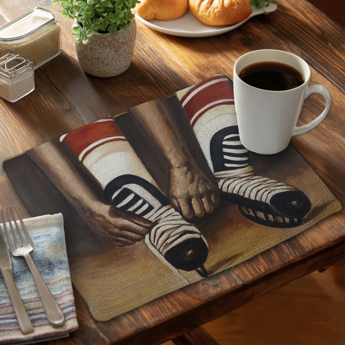 Picture of Begin Home Decor C6BP1418N84E35 14 x 18 in. Hockey Player Ties His Skates - Braided Polyester Placemat - Set of 6