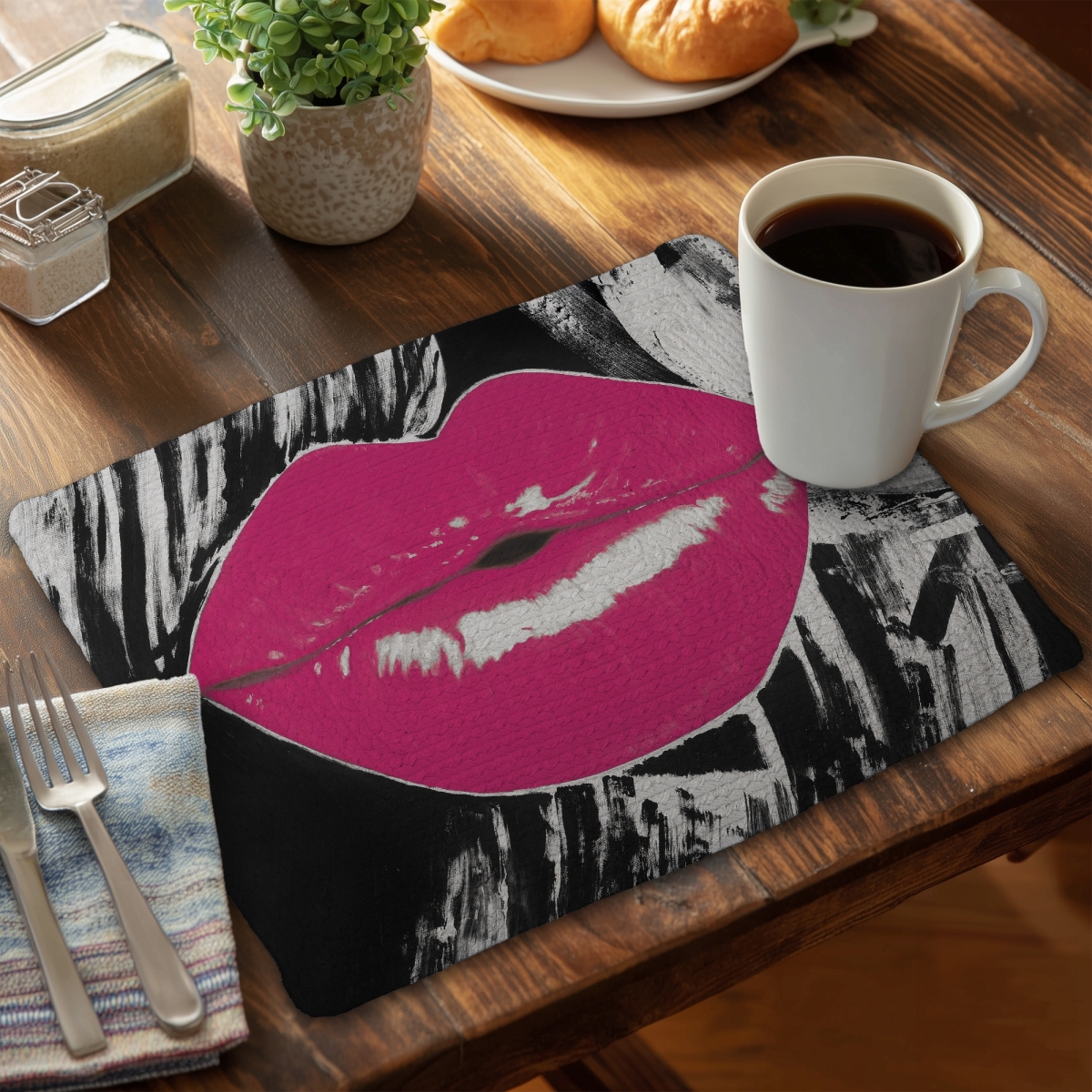 Picture of Begin Home Decor C4BP14183BMRR8 14 x 18 in. Pink Glossy Lips Braided Polyester Placemat - Home Decor - Set of 4