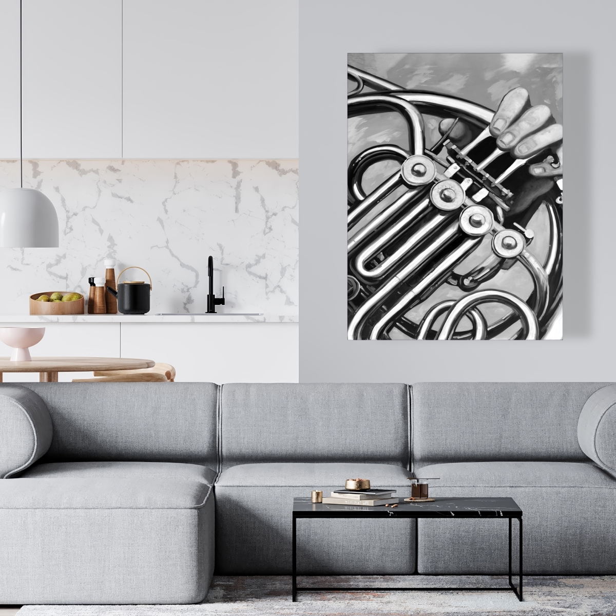C1RC3648Q2EUJ2 36 x 48 in. Musician with French Horn Monochrome - White Canvas Art