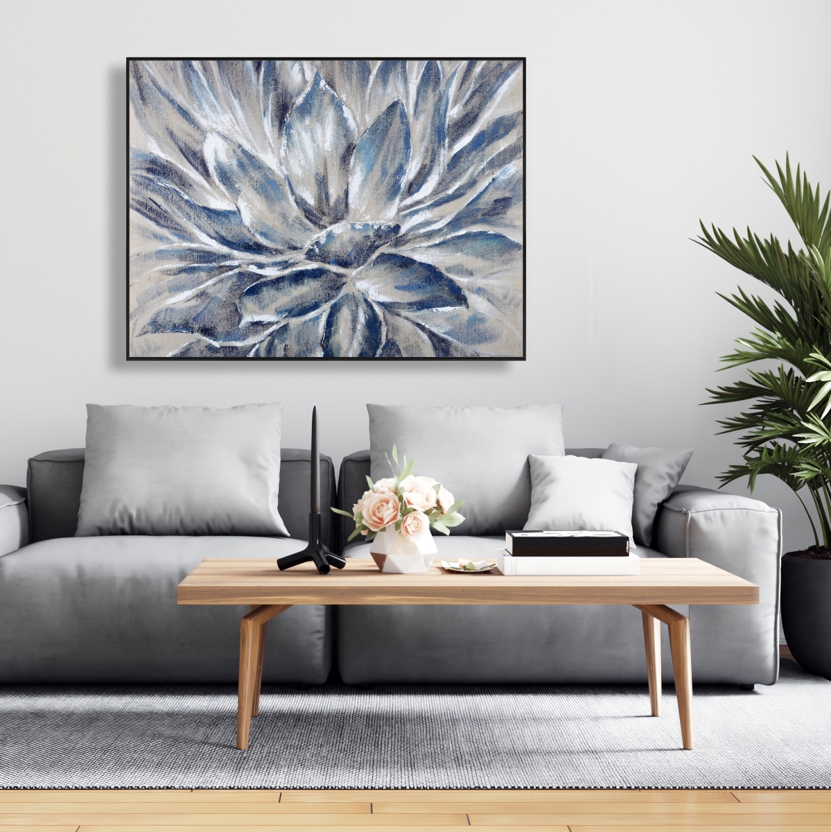 C1FC3648X0WOAT 36 x 48 in. Blue & Gray Flower - Blue Botanical Framed Canvas Decor