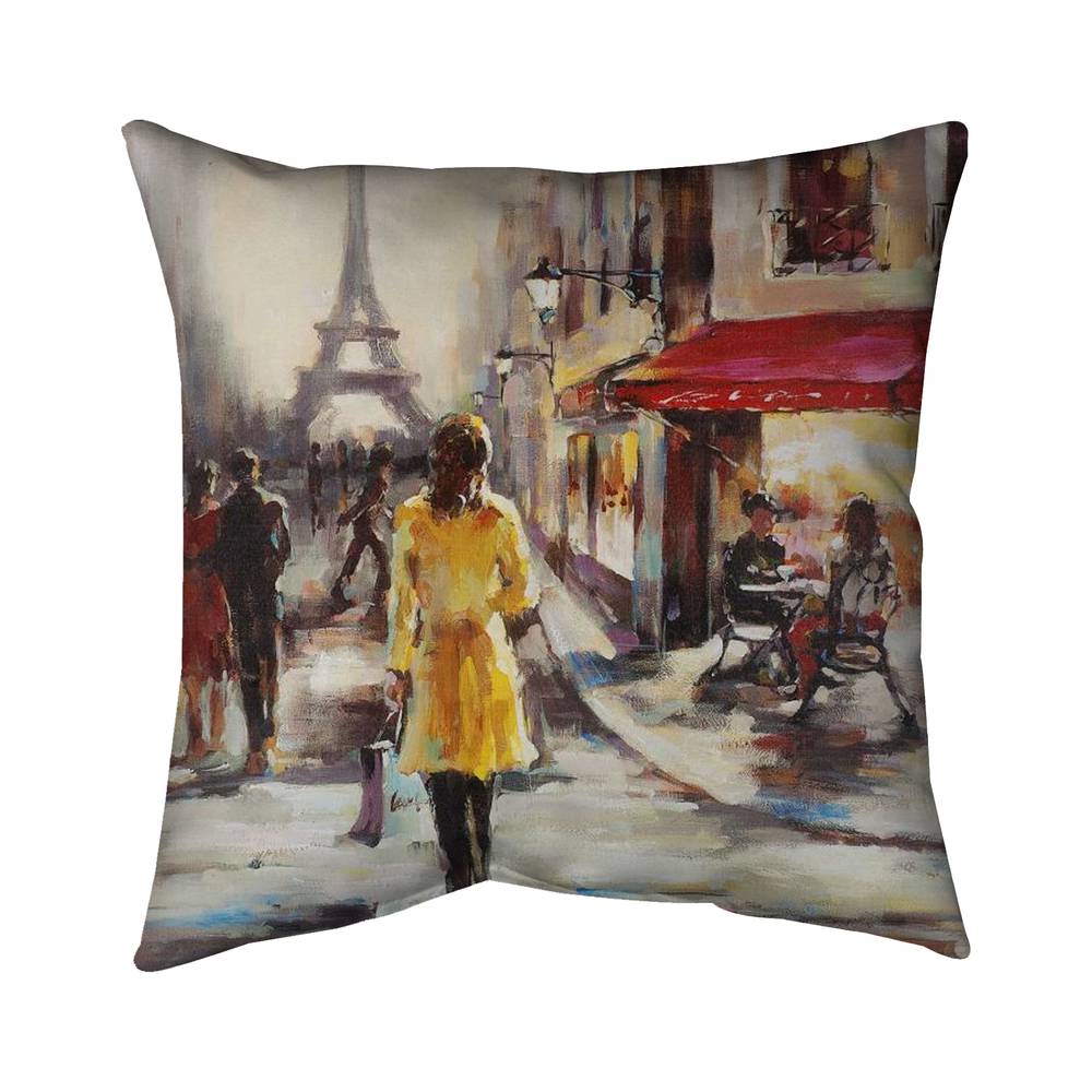 5542-2020-ST22 20 x 20 in. Yellow Coat Woman Walking on the Street - Contemporary Throw Pillow