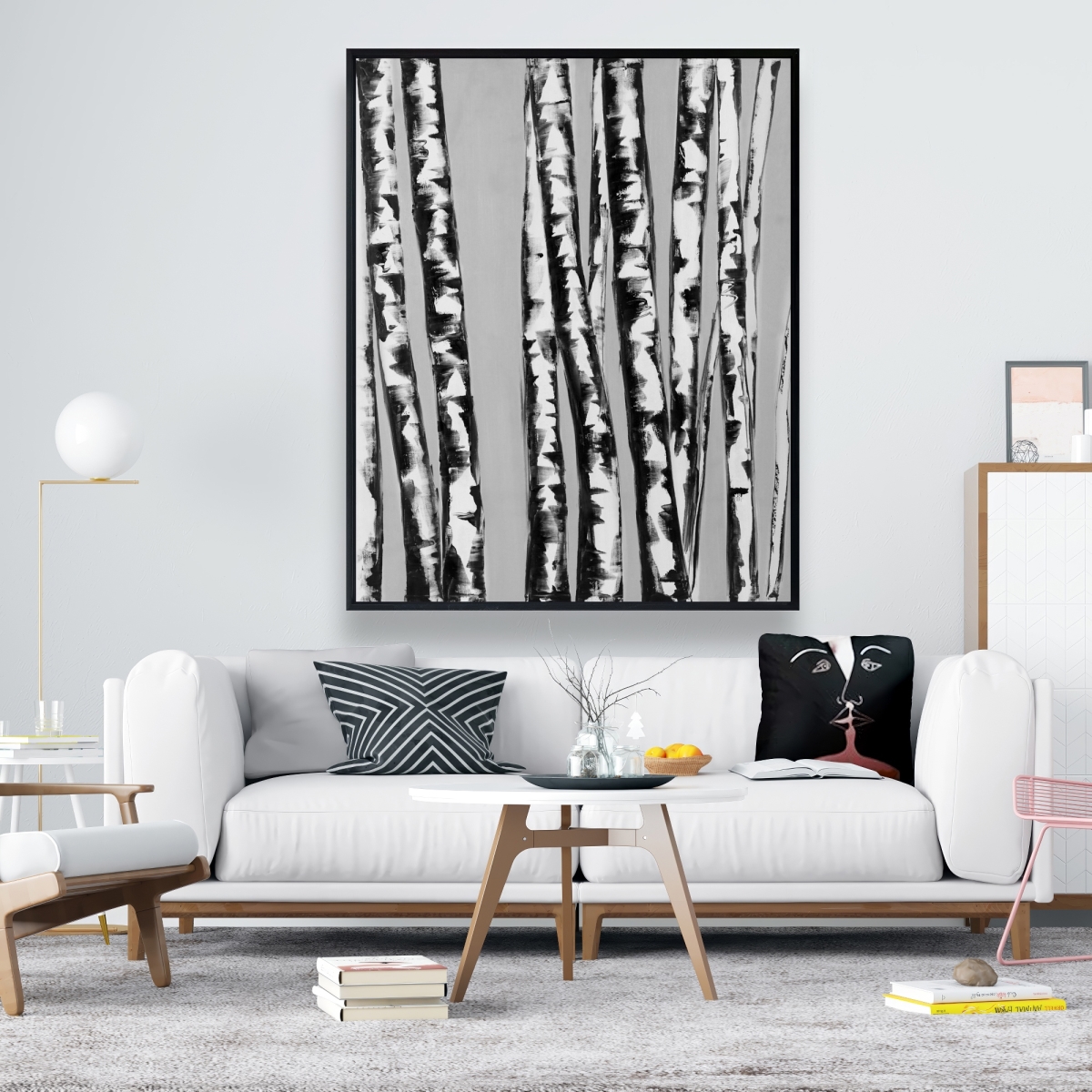 C1FC4860LAJ1S4 48 x 60 in. Birches Intersecting - Bedroom Gray Framed Canvas Decor
