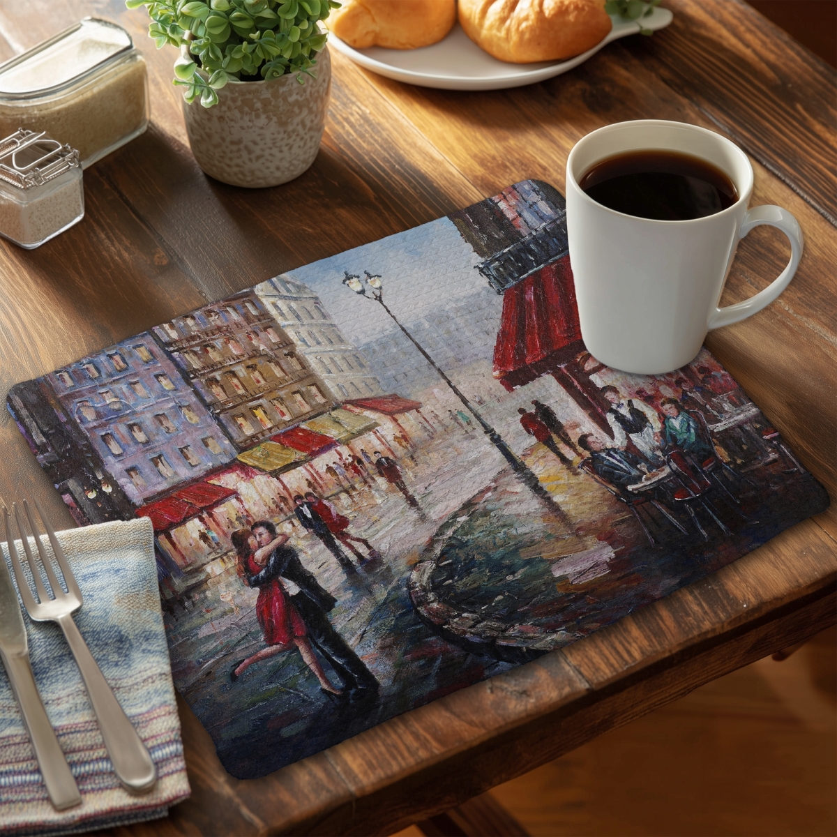 Picture of Begin Home Decor C4BP141866LIUC 14 x 18 in. Couple Kissing in the Street Braided Polyester Placemat - Home Decor - Set of 4