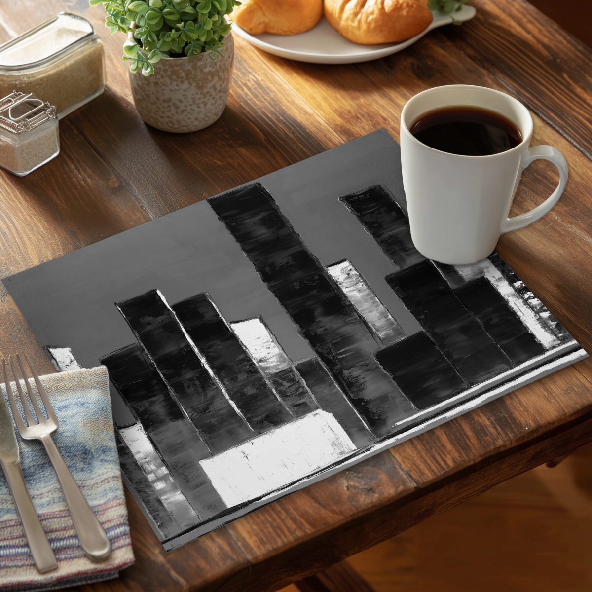 Picture of Begin Home Decor C4PP1418Q8S3RS 14 x 18 in. Abstract Black & White Buildings Polyester Placemat - Home Decor - Set of 4