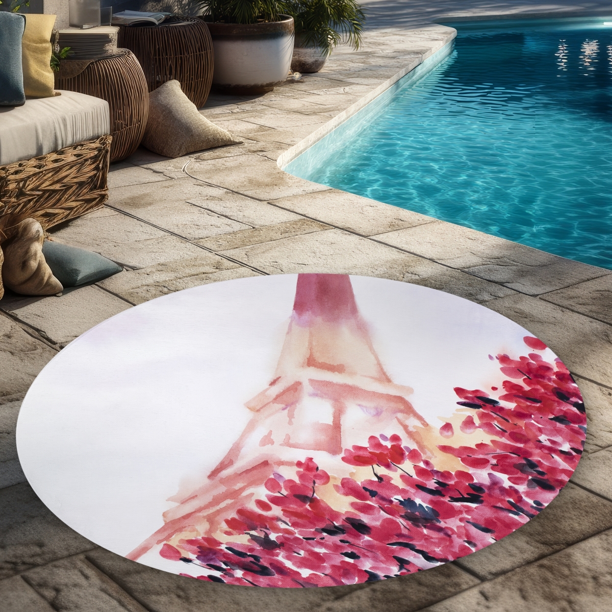 C1COAR55YH5PHY 5 x 5 ft. Pink Eiffel Tower Rug - Romantic Round Outdoor Decor - Home