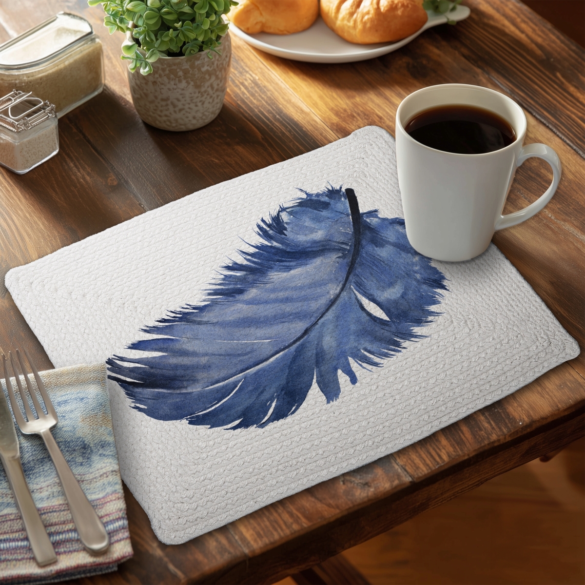 Picture of Begin Home Decor C6BP1418KQ5NEY 14 x 18 in. Watercolor Blue Feather Braided Polyester Placemat - Home Decor - Set of 6