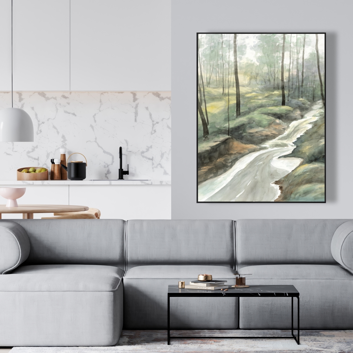 C1FC36488V4B5F 36 x 48 in. Waterfall Livingroom Trees Framed Canvas - Home Decor Art