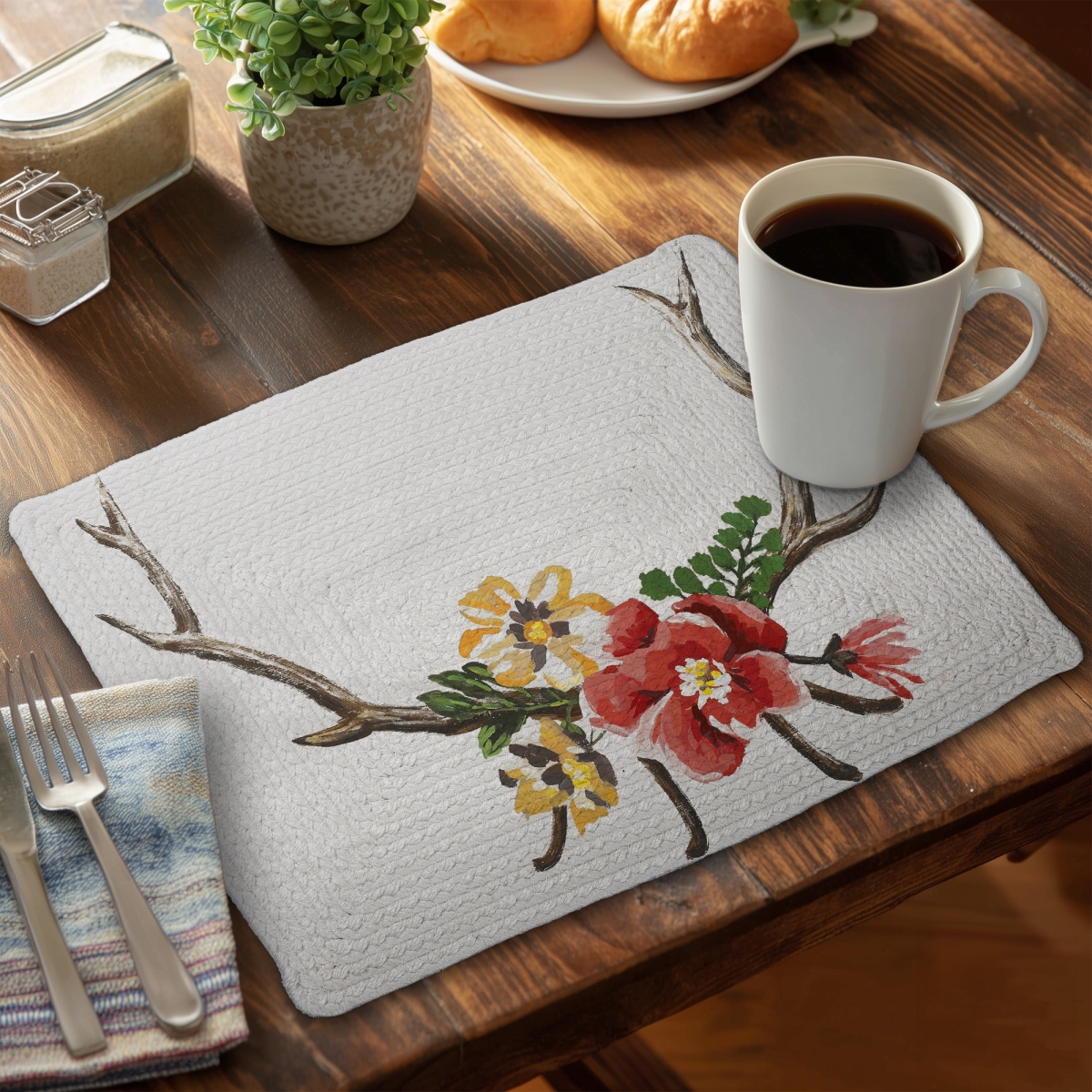 Picture of Begin Home Decor C6BP1418KPYQS1 14 x 18 in. Deer Horns with Flowers Braided Polyester Placemat - Home Decor - Set of 6