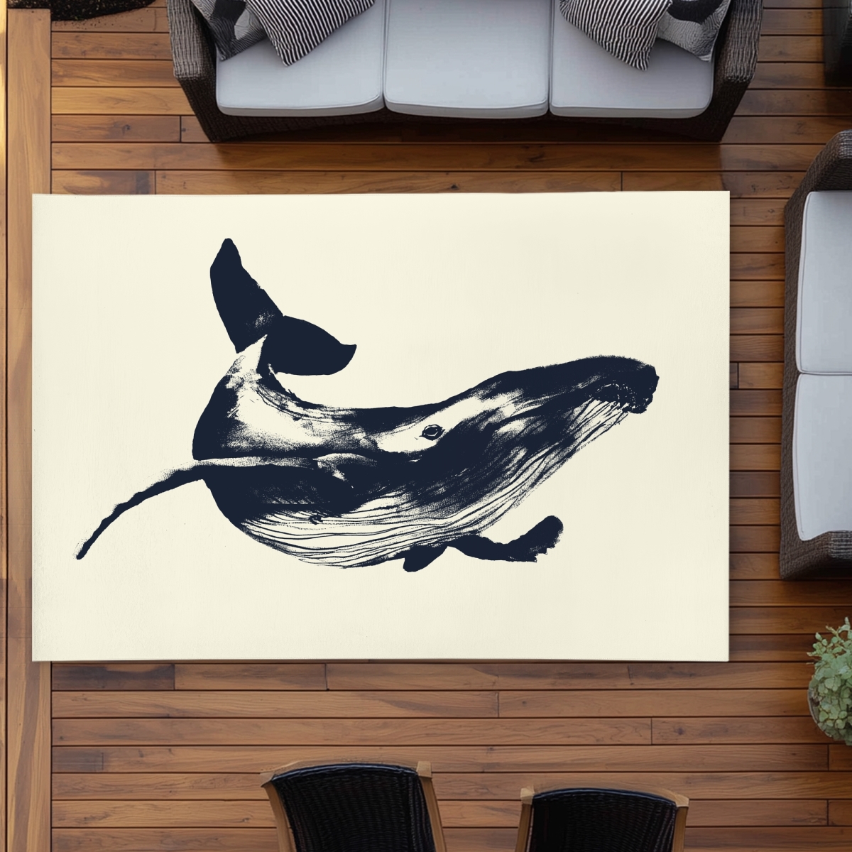 C1ROAR57UTAF6Q 5 x 7 ft. Blue Whale Sketch Outdoor Area Rug - Aquatic Animal Decor - Rectangle