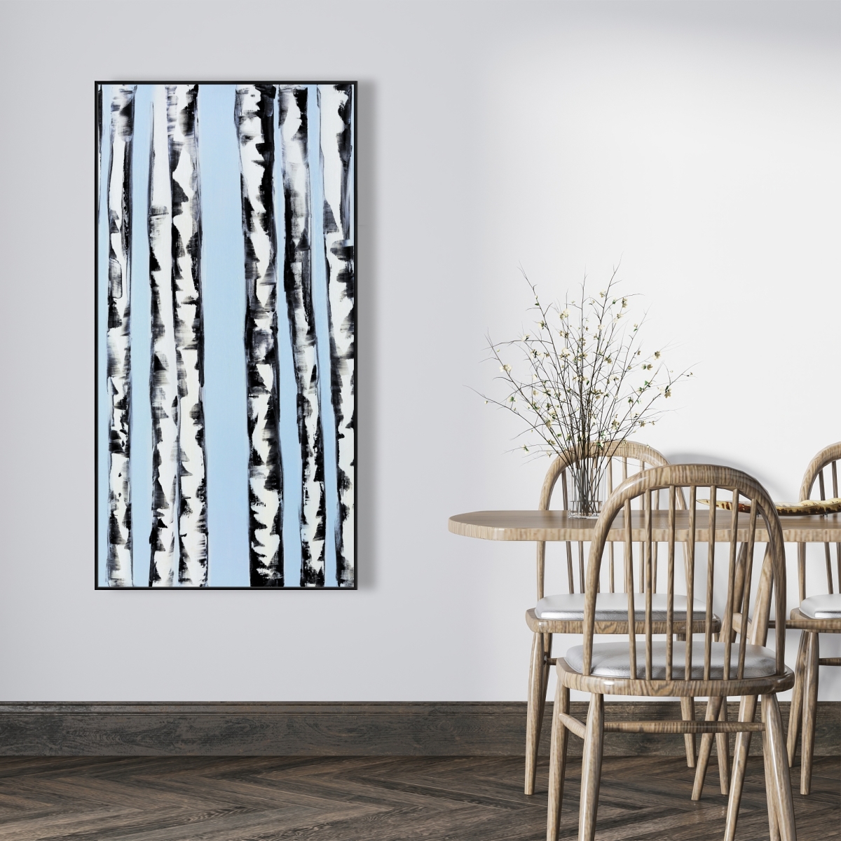 C1FC2448JZ9CEC 24 x 48 in. Birches on a Blue Background - Modern Framed Canvas Decor