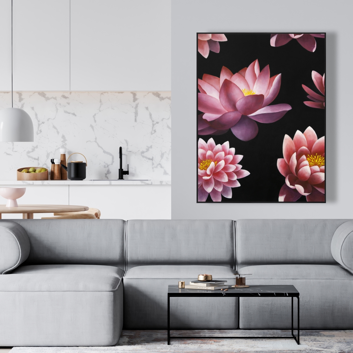 C1FC36482YH5MG 36 x 48 in. Lotus Flower Pattern - Black Flowers Framed Canvas Decor
