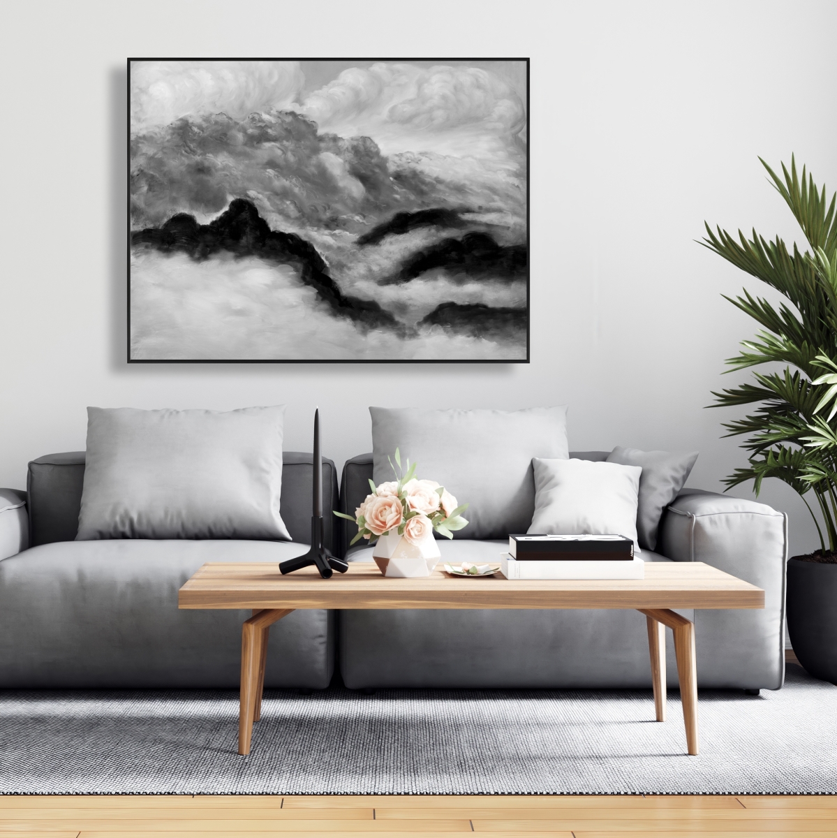 C1FC3648B3417S 36 x 48 in. Gray Clouds - Mountains Monochrome Framed Canvas - Home Decor