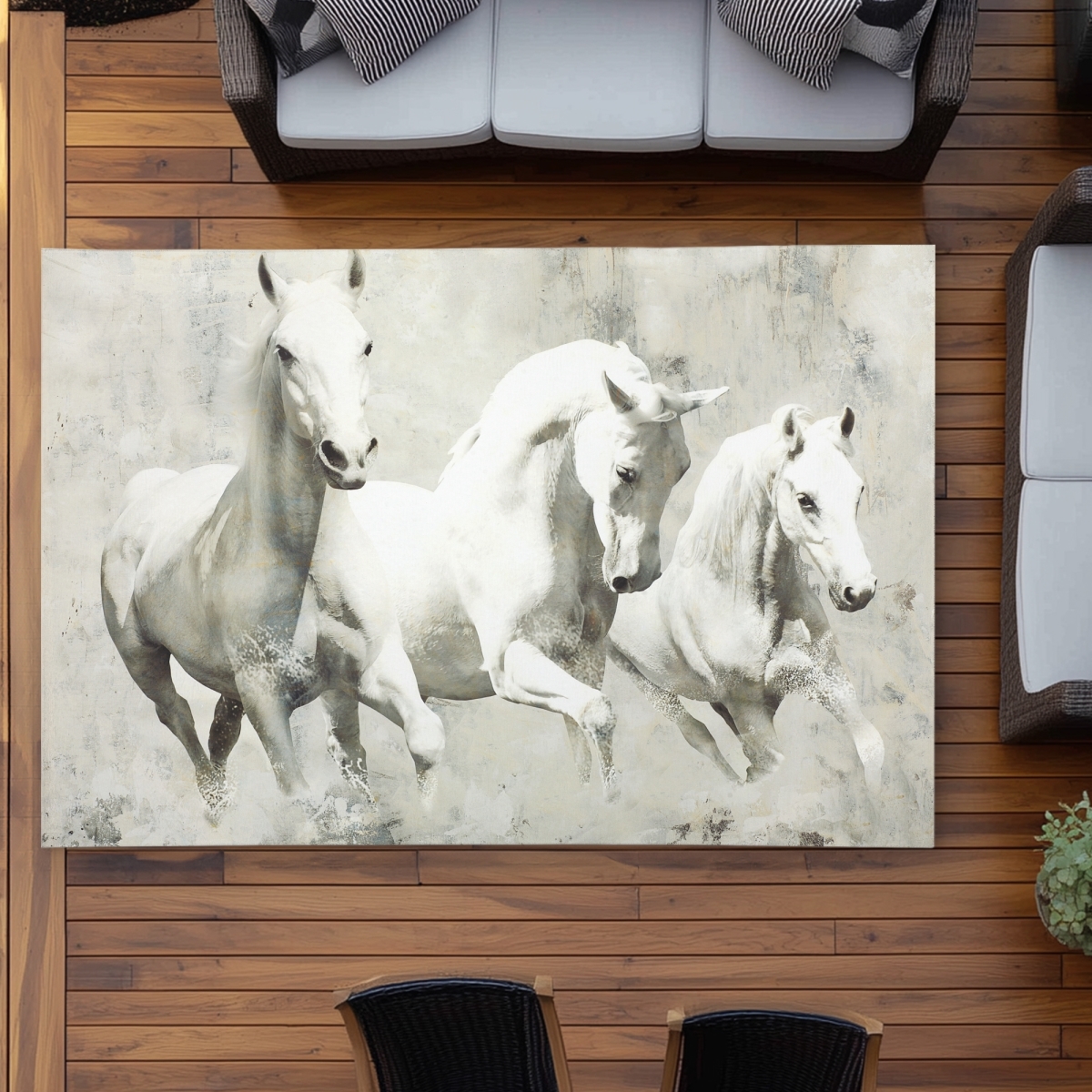 C1ROAR57GF4L1G 5 x 7 ft. Three White Horses Running - Beige Animals Outdoor Rug - Home Decor - Rectangle