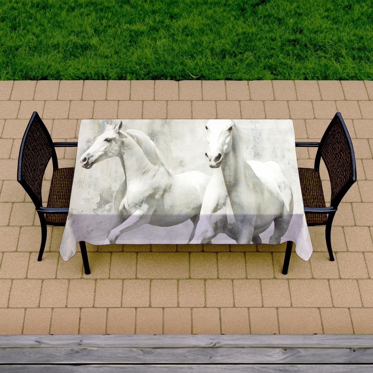 Picture of Begin Home Decor C1TCLRGESDCJQ9 58 x 102 in. Two White Horse Running Tablecloth - Western Home Decor
