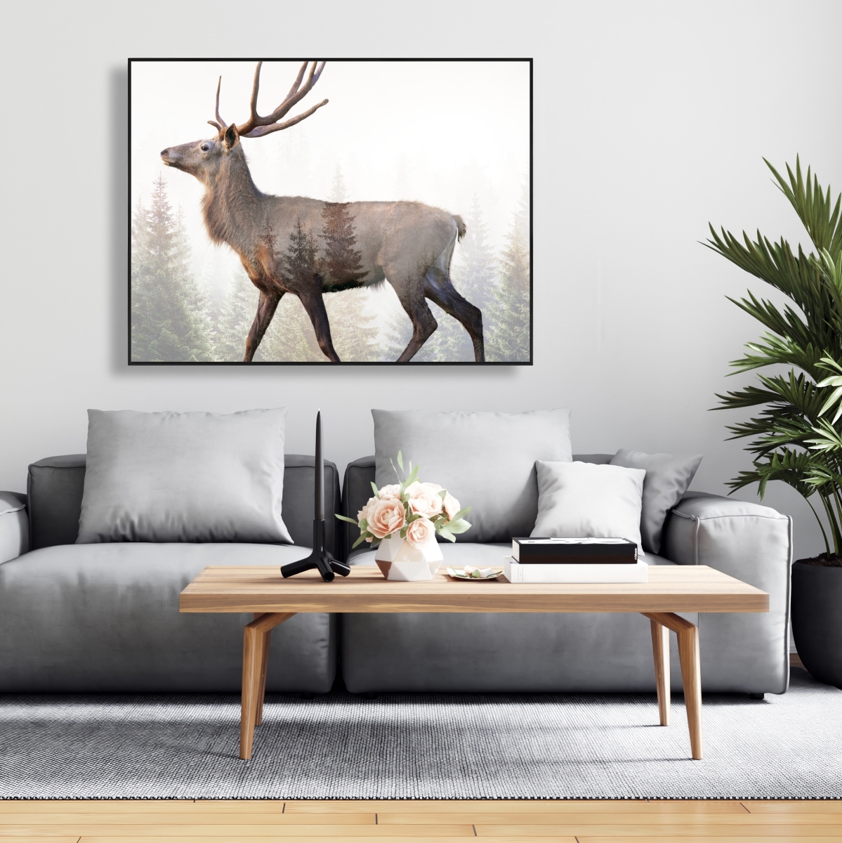 C1FC36488CG8TA 36 x 48 in. Large Plume Roe Deer - Green Office Framed Canvas Decor