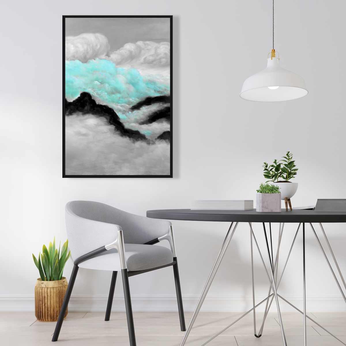 C1FC2436EDJB9H 24 x 36 in. Gray & Blue Clouds - White Living Room Framed Canvas Decor