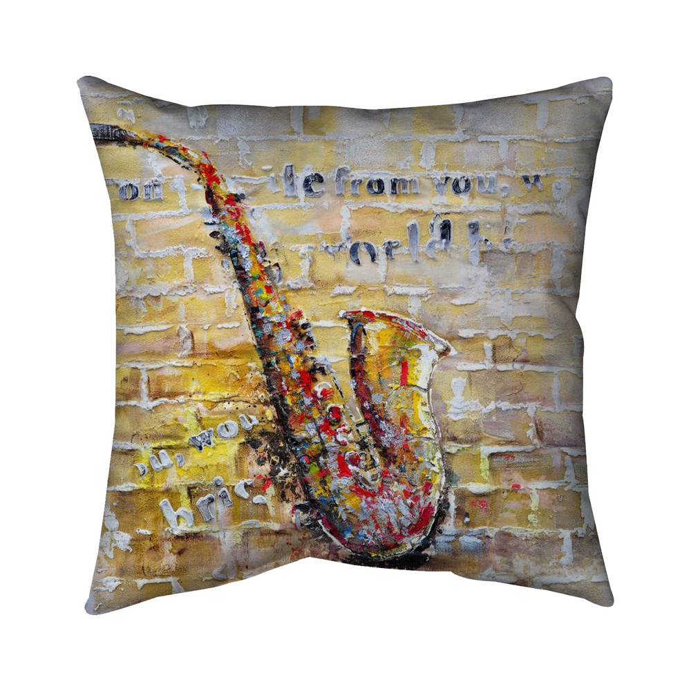 5543-2626-MU9 26 x 26 in. Saxophone on Brick Wall - Industrial Instrument Throw Decor