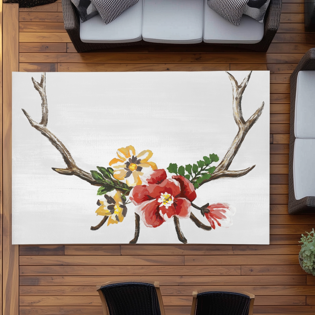C1ROAR57UFXMHW 5 x 7 ft. Deer Horns with Flowers - Bedroom Pink Outdoor Area Rug - Rectangle