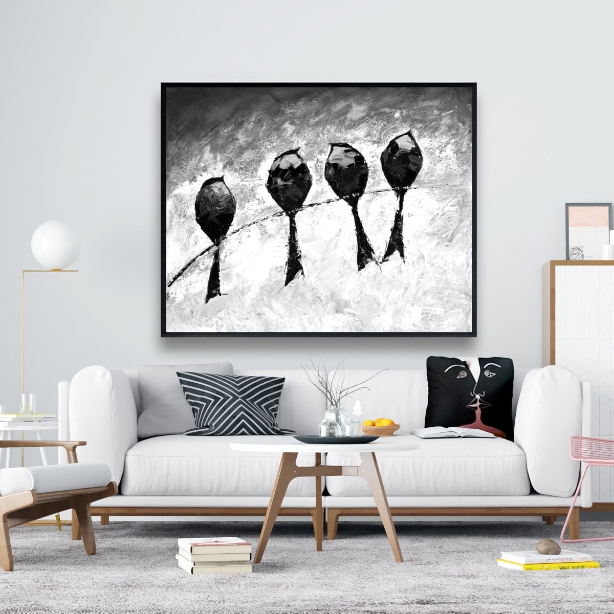 C1FC4860JSHWJJ 48 x 60 in. Four Birds Perched - Monochrome Feathers Framed Canvas Decor