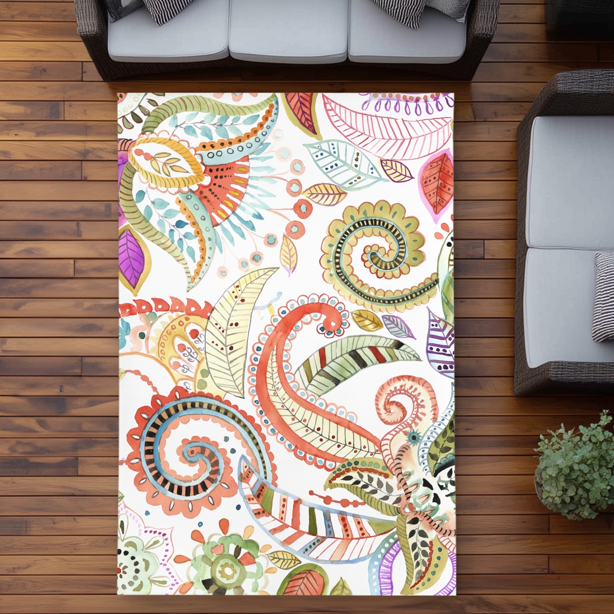 C1ROAR57B8ED5K 5 x 7 ft. Watercolor Paisley Floral Outdoor Rug - Green Bedroom Decor - Rectangle