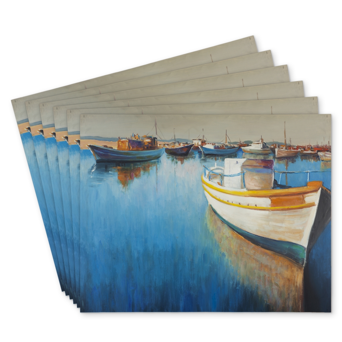 Picture of Begin Home Decor C6PP1418A1EUE2 14 x 18 in. Fishing Boats At the Marina Polyester Placemat - Home Decor - Set of 6